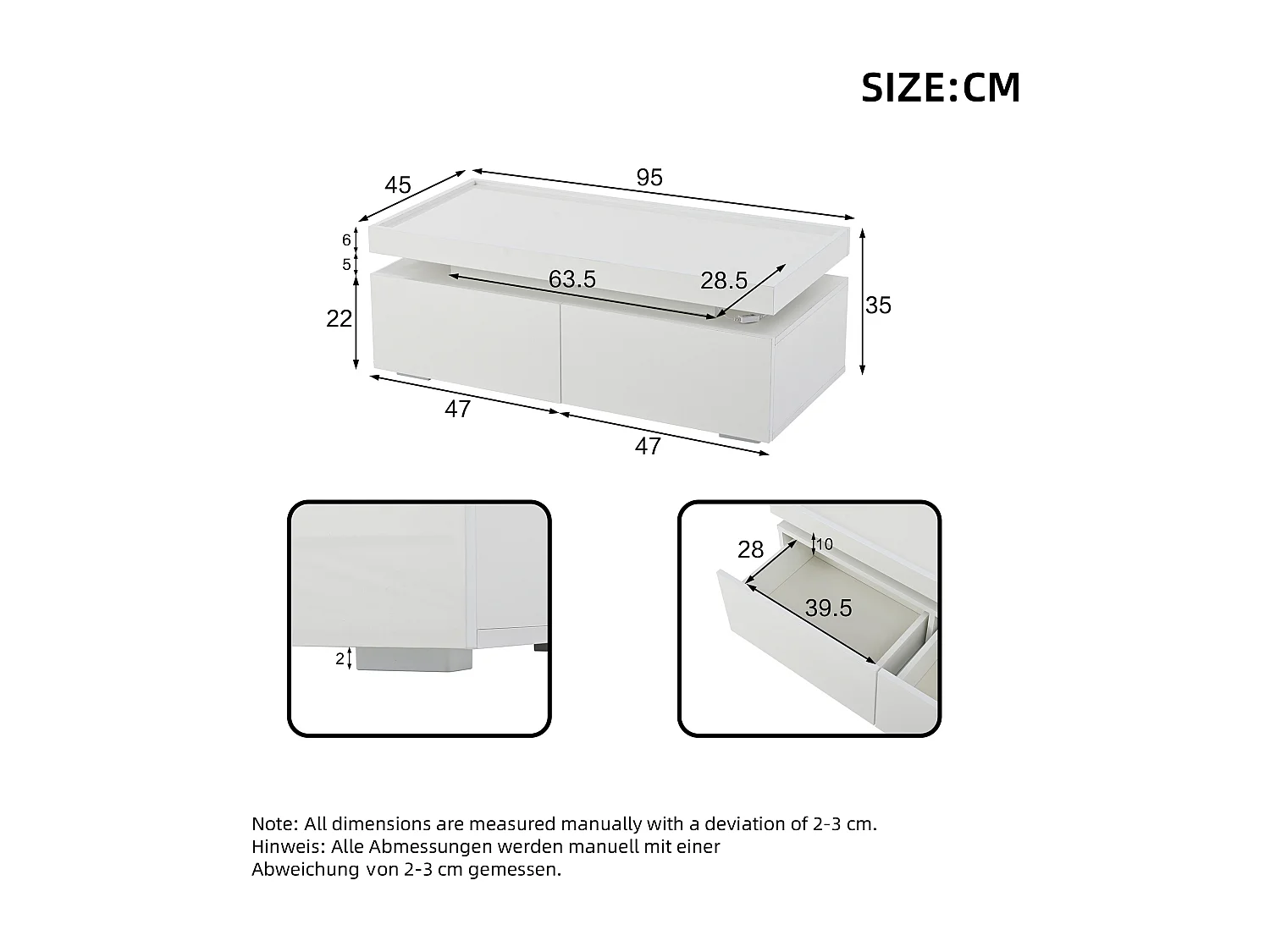 Glanzende salontafel voor de woonkamer - 95 x 45 x 35 cm - met LED's + 2 lades - spaanplaat - wit