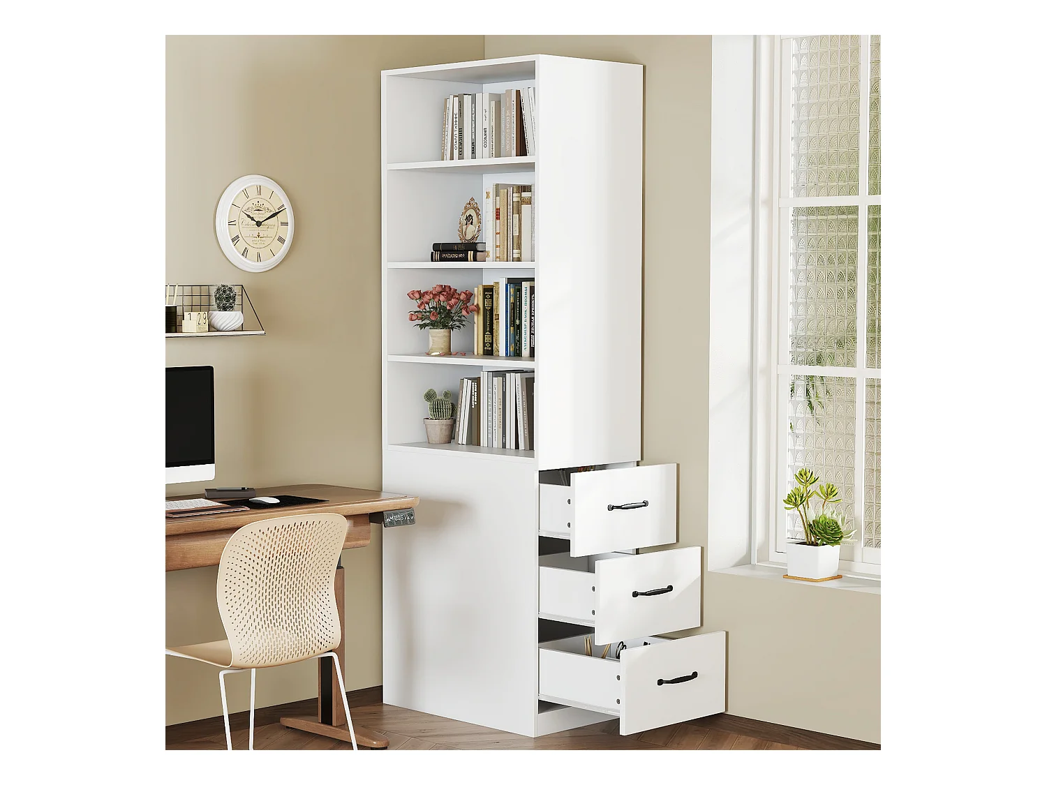 Hohes Wohnzimmer-Bücherregal – 60 x 38 x 180 cm – mit 3 Schubladen + verstellbaren Einlegeböden – Spanplatte – weiß