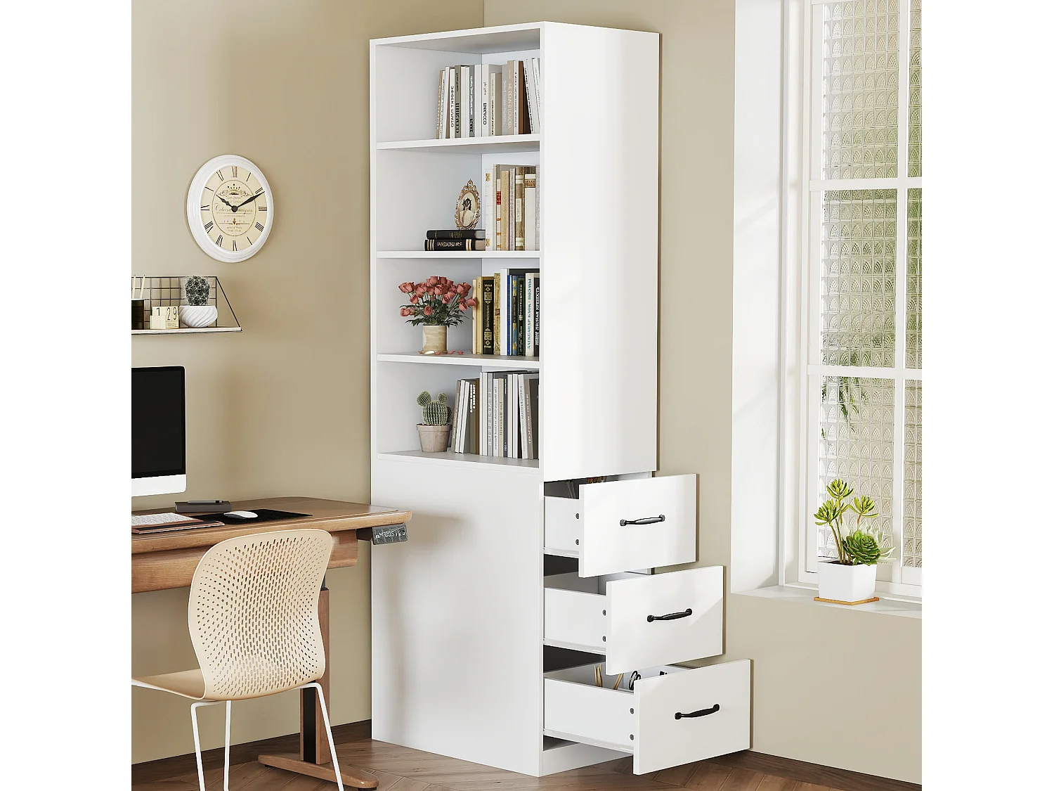 Bibliothèque haut de salon - 60 x 38 x 180 cm - avec 3 tiroirs + étagères réglables - aggloméré - blanc