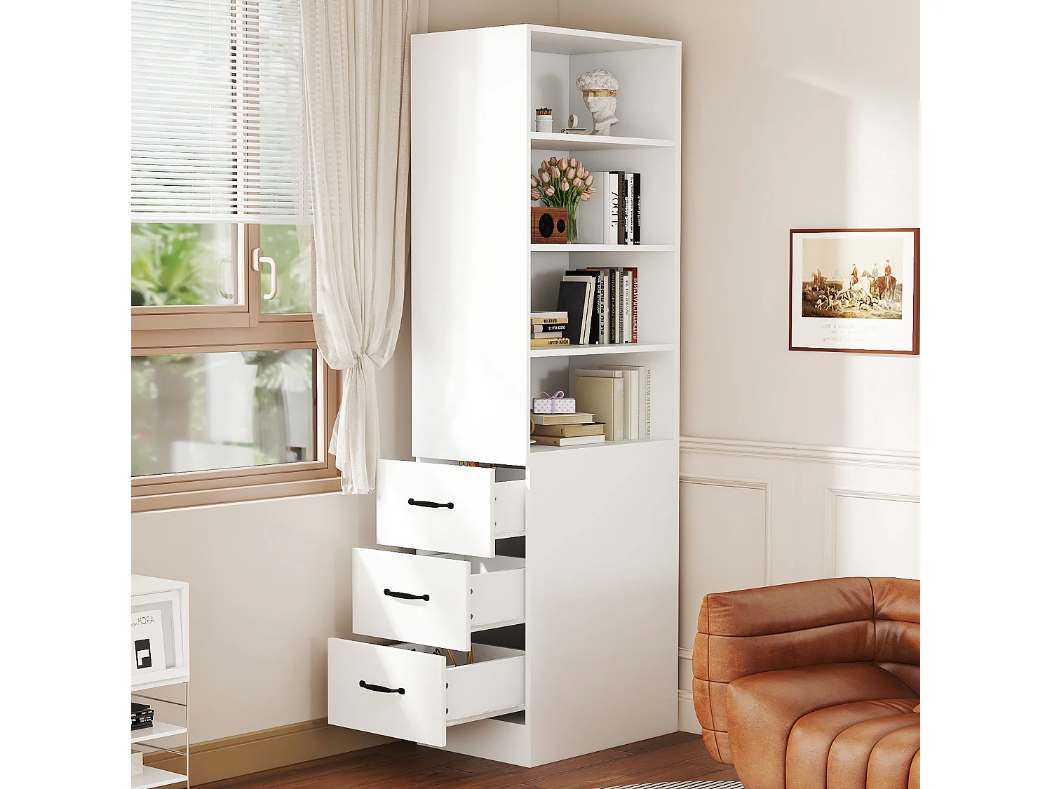 Bibliothèque haut de salon - 60 x 38 x 180 cm - avec 3 tiroirs + étagères réglables - aggloméré - blanc