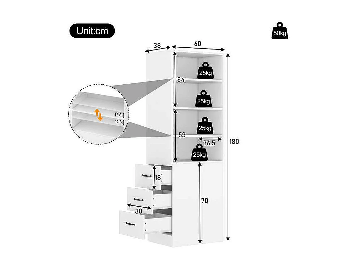 Bibliothèque haut de salon - 60 x 38 x 180 cm - avec 3 tiroirs + étagères réglables - aggloméré - blanc