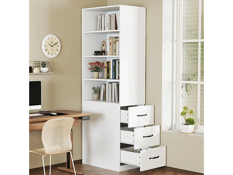 Bibliothèque haut de salon - 60 x 38 x 180 cm - avec 3 tiroirs + étagères réglables - aggloméré - blanc