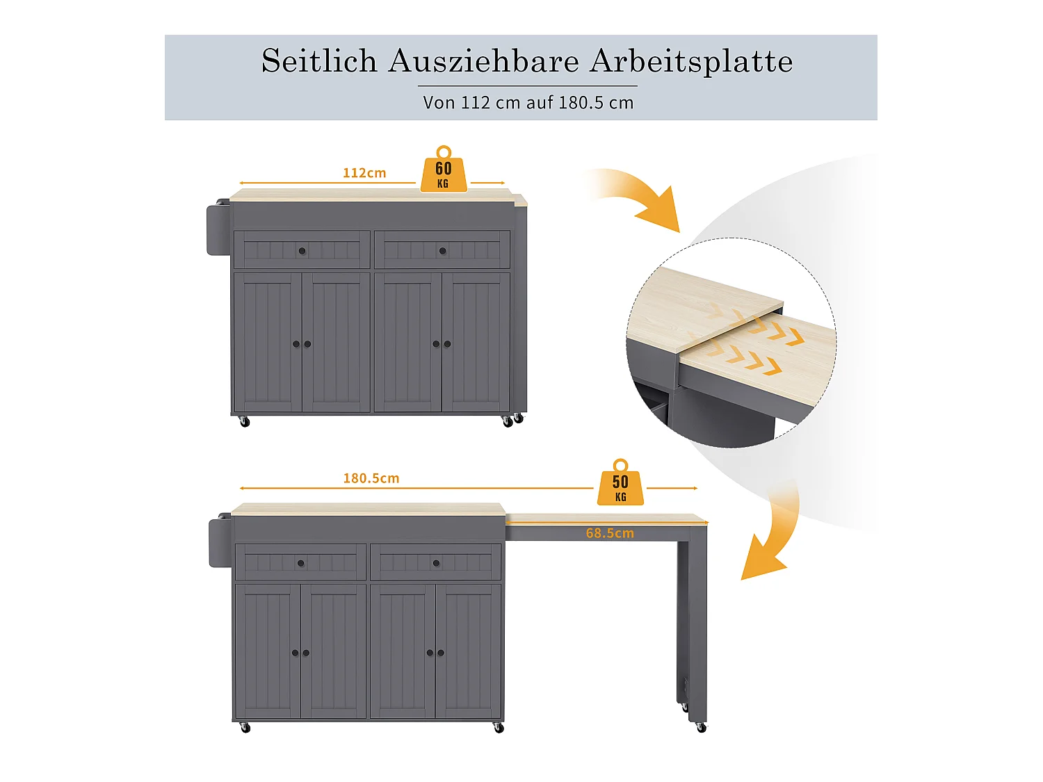 Îlot central sur roulettes - îlot de cuisine extensible avec plan de travail + 2 tiroirs - MDF - gris