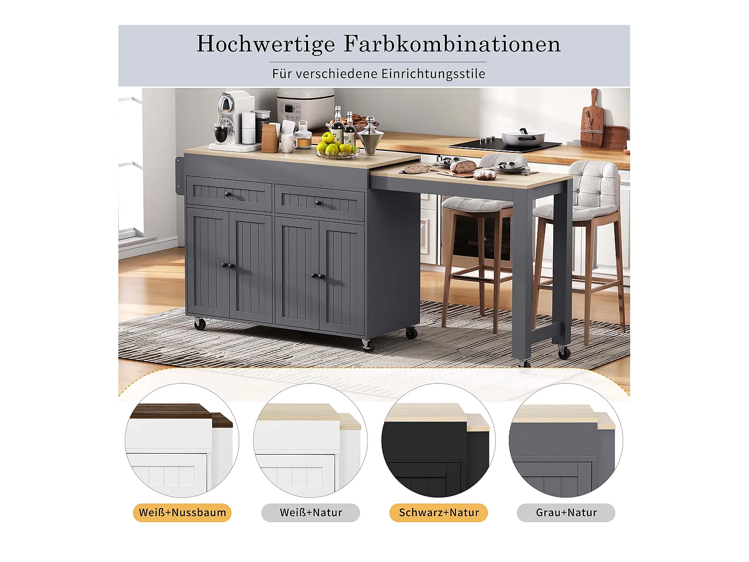 Îlot central sur roulettes - îlot de cuisine extensible avec plan de travail + 2 tiroirs - MDF - gris