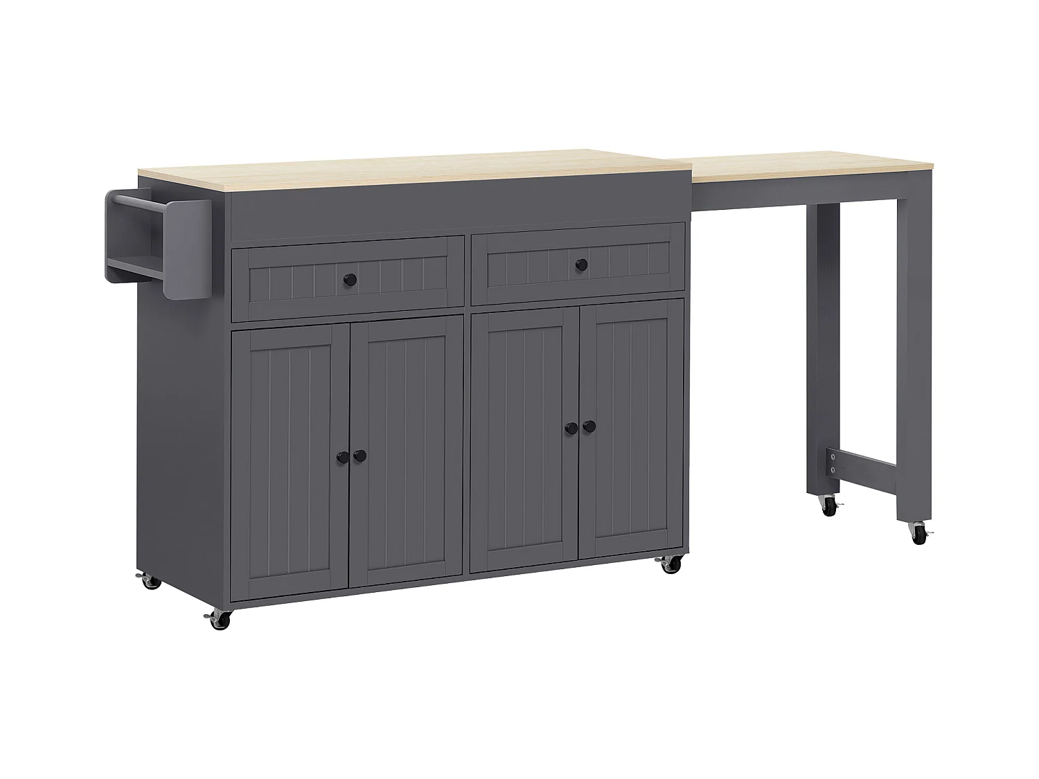 Îlot central sur roulettes - îlot de cuisine extensible avec plan de travail + 2 tiroirs - MDF - gris