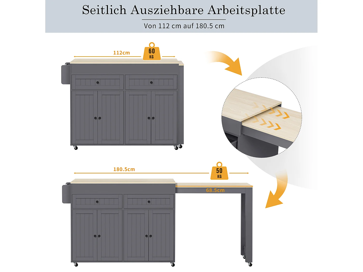 Centraal eiland op wielen - uitschuifbaar keukeneiland met werkblad + 2 lades - MDF - grijs