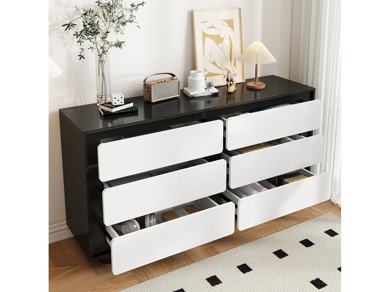 Buffet/commode élégante à 6 tiroirs - 140 x 38 x 74.5 cm - coiffeuse moderne - aggloméré - noir + blanc