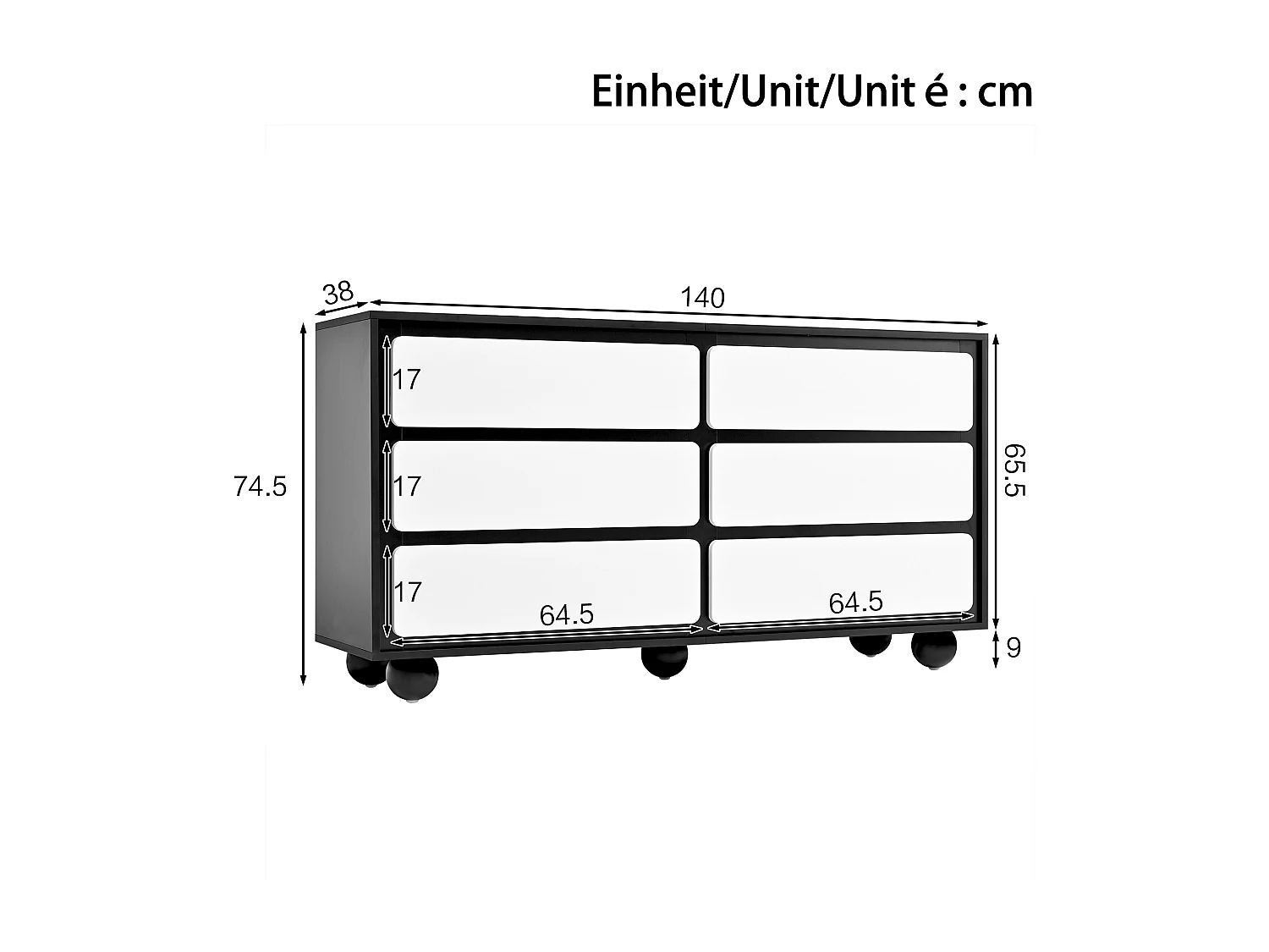 Buffet/commode élégante à 6 tiroirs - 140 x 38 x 74.5 cm - coiffeuse moderne - aggloméré - noir + blanc