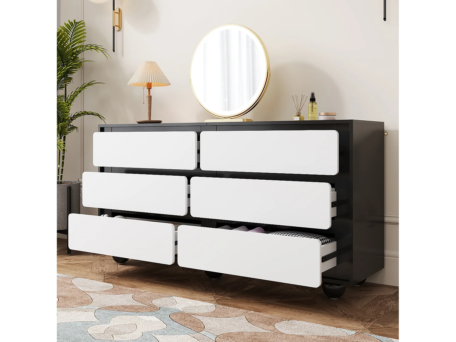 Buffet/commode élégante à 6 tiroirs - 140 x 38 x 74.5 cm - coiffeuse moderne - aggloméré - noir + blanc