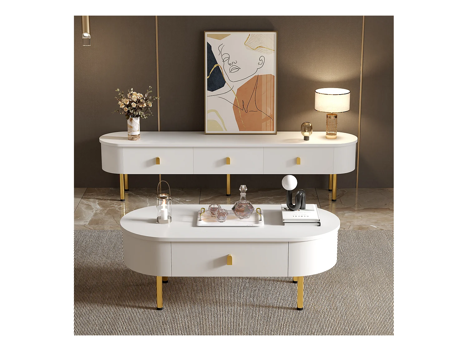 Ensemble de meuble TV de luxe léger et table basse - combinaison de salon - avec tiroirs - MDF - blanc