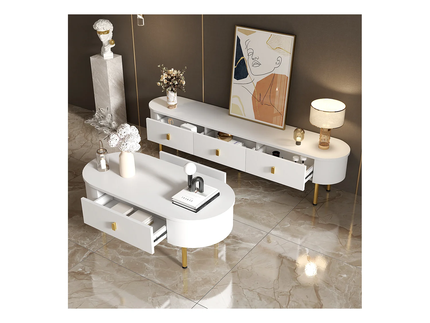 Ensemble de meuble TV de luxe léger et table basse - combinaison de salon - avec tiroirs - MDF - blanc