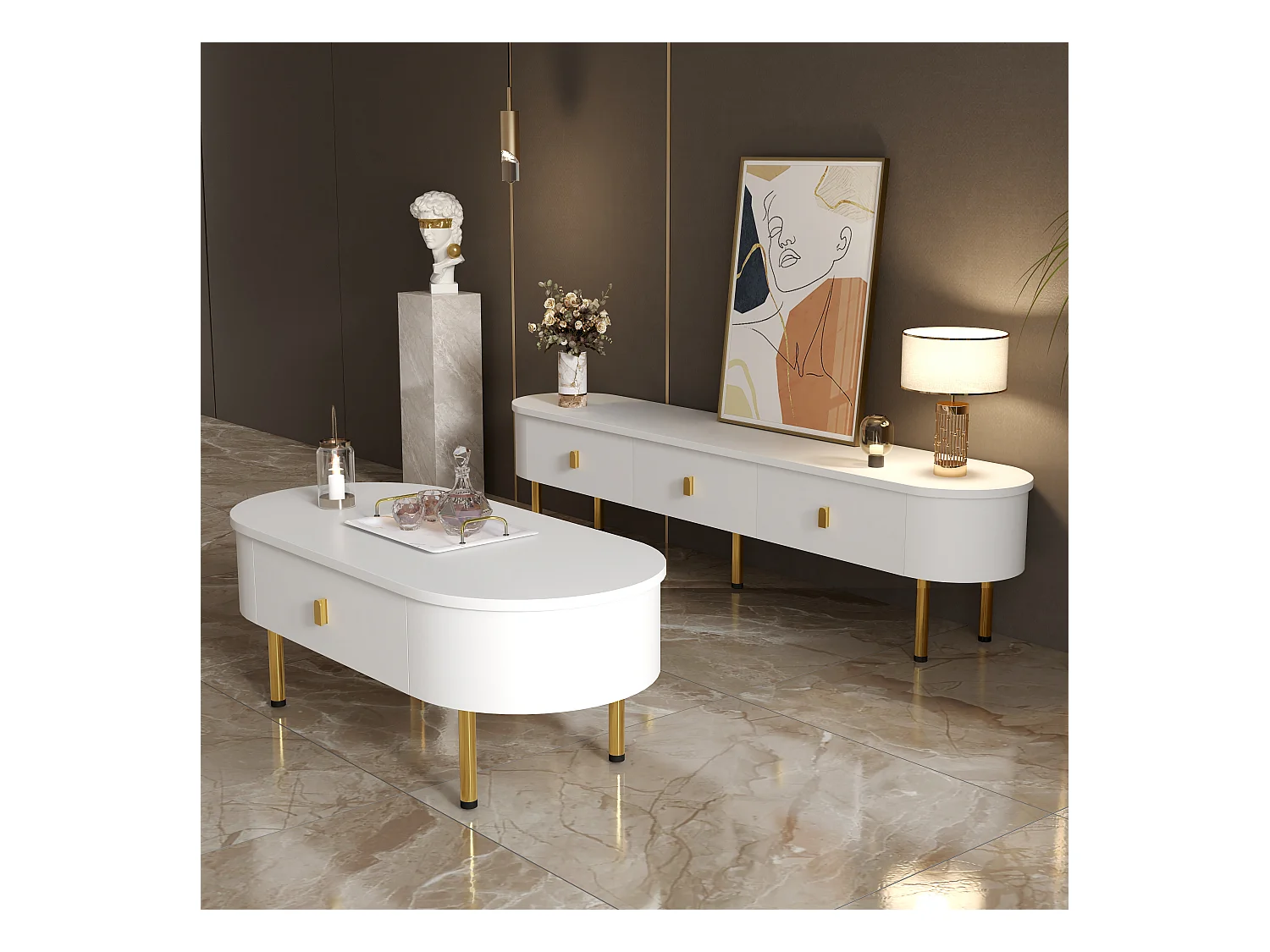 Ensemble de meuble TV de luxe léger et table basse - combinaison de salon - avec tiroirs - MDF - blanc