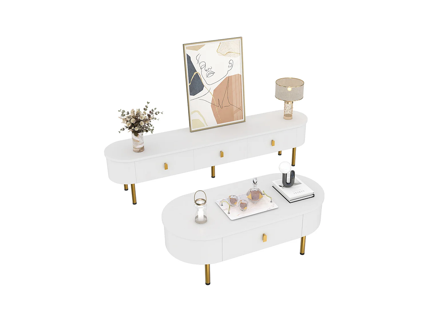 Ensemble de meuble TV de luxe léger et table basse - combinaison de salon - avec tiroirs - MDF - blanc