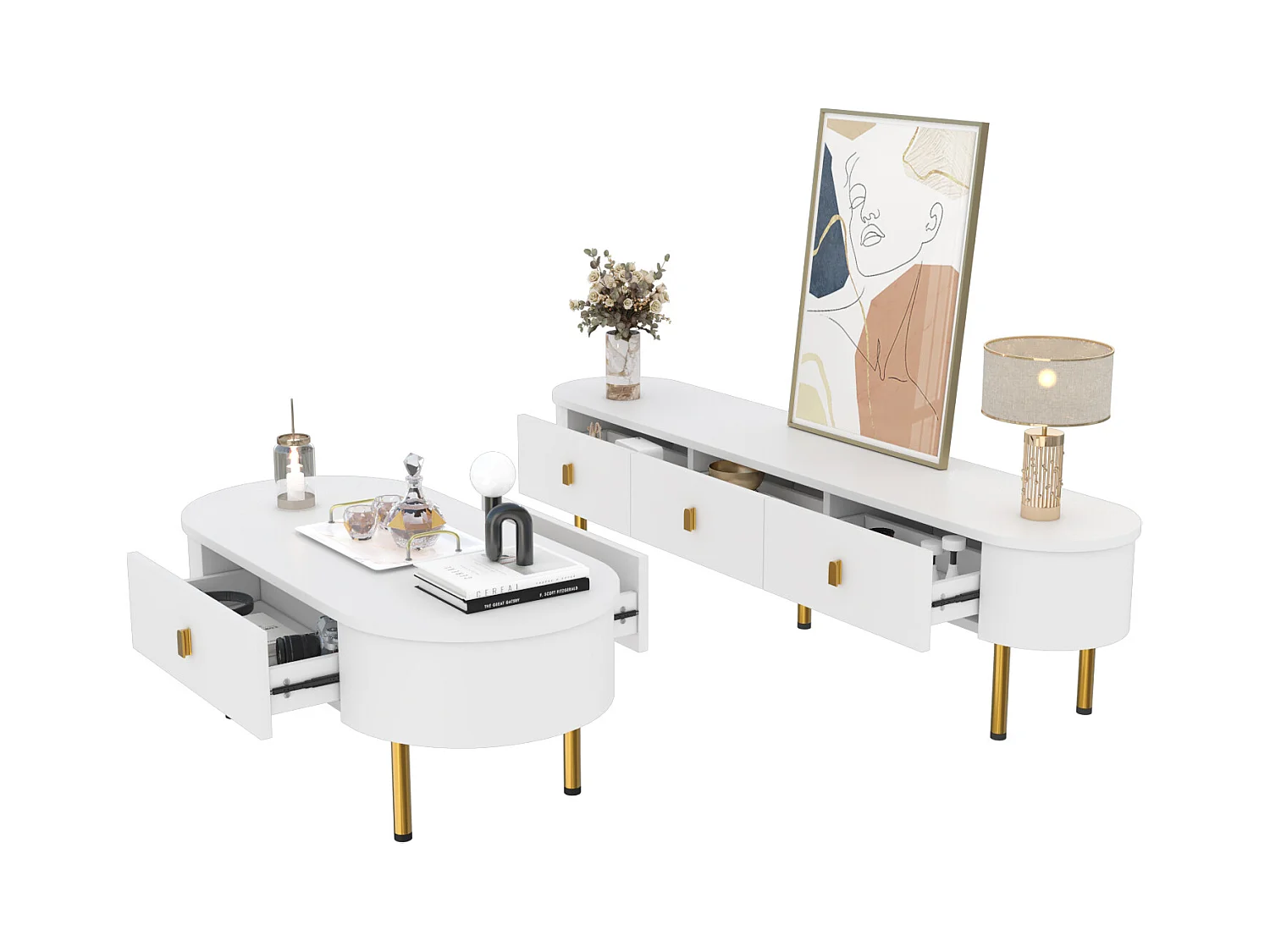 Ensemble de meuble TV de luxe léger et table basse - combinaison de salon - avec tiroirs - MDF - blanc