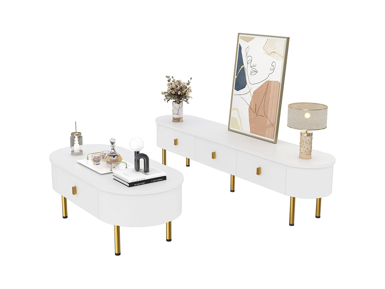 Ensemble de meuble TV de luxe léger et table basse - combinaison de salon - avec tiroirs - MDF - blanc