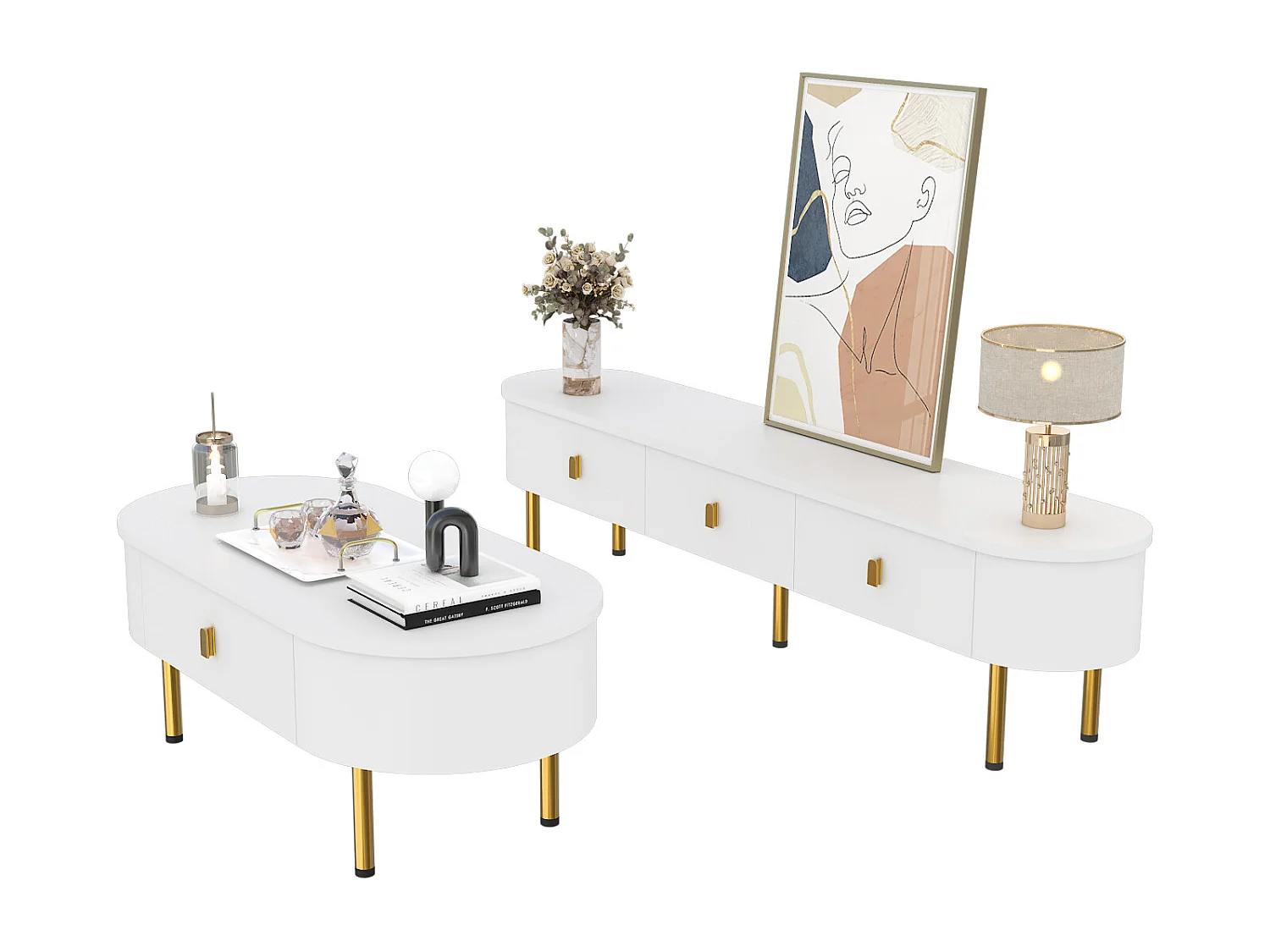 Set di mobili porta TV e tavolino da caffè di lusso leggero - Combinazione soggiorno - con cassetti - MDF - Bianco