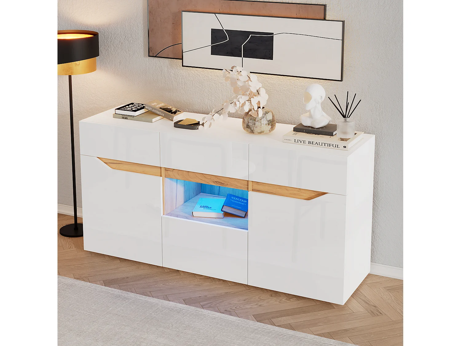 Buffet brillant de salon - 140 x 40 x 70cm - avec 4 tiroirs + 2 portes + Leds - aggloméré - blanc