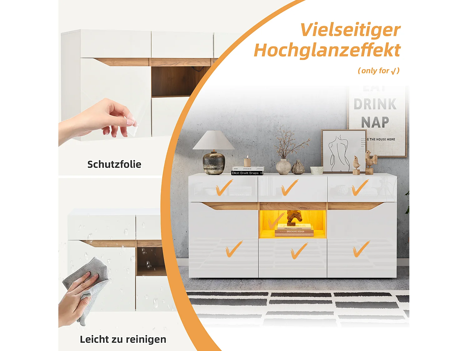 Buffet brillant de salon - 140 x 40 x 70cm - avec 4 tiroirs + 2 portes + Leds - aggloméré - blanc