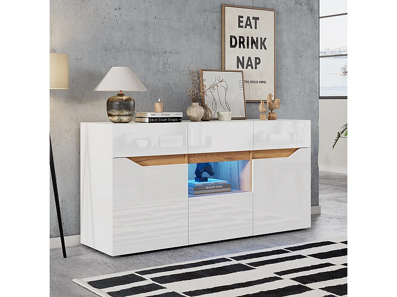 Buffet brillant de salon - 140 x 40 x 70cm - avec 4 tiroirs + 2 portes + Leds - aggloméré - blanc