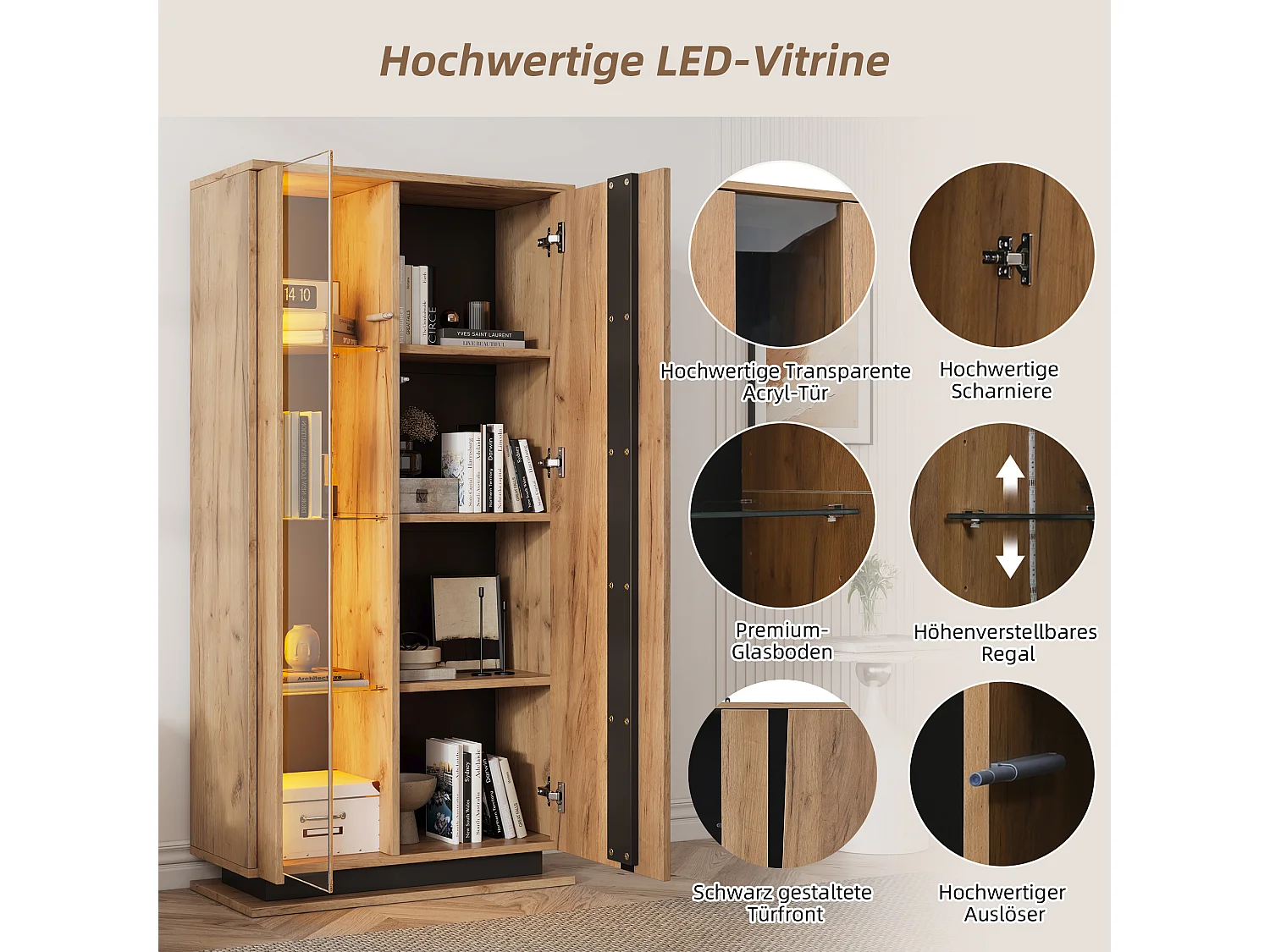 Moderne vitrinekast - 80 x 35 x 160 cm - met 8 planken + 2 deuren + LED's - spaanplaat - naturel