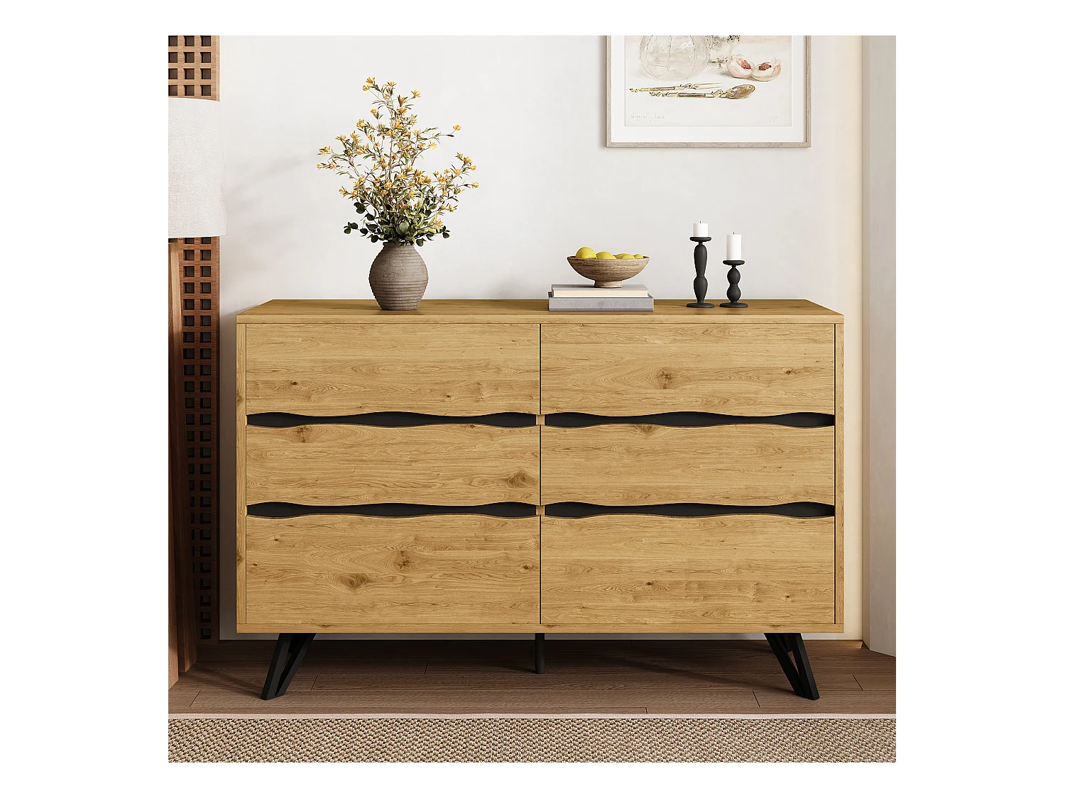 Buffet moderne à 6 tiroirs - 120 x 40 x 75.5 cm - pour salon et salle à manger - aggloméré - naturel