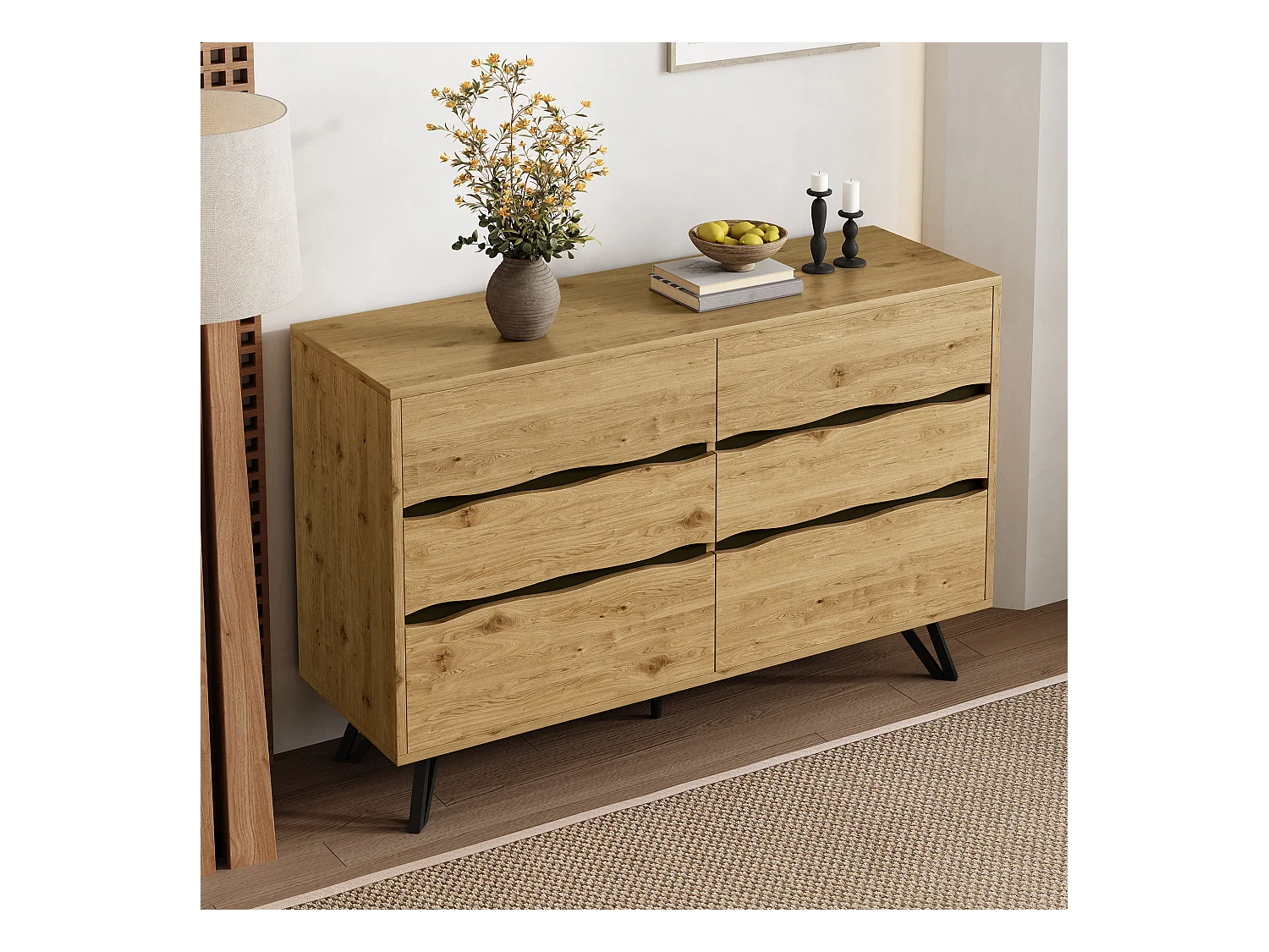 Buffet moderne à 6 tiroirs - 120 x 40 x 75.5 cm - pour salon et salle à manger - aggloméré - naturel