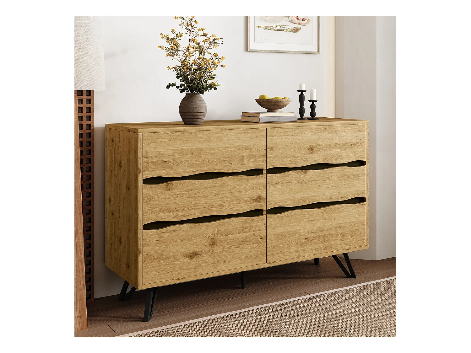 Buffet moderne à 6 tiroirs - 120 x 40 x 75.5 cm - pour salon et salle à manger - aggloméré - naturel