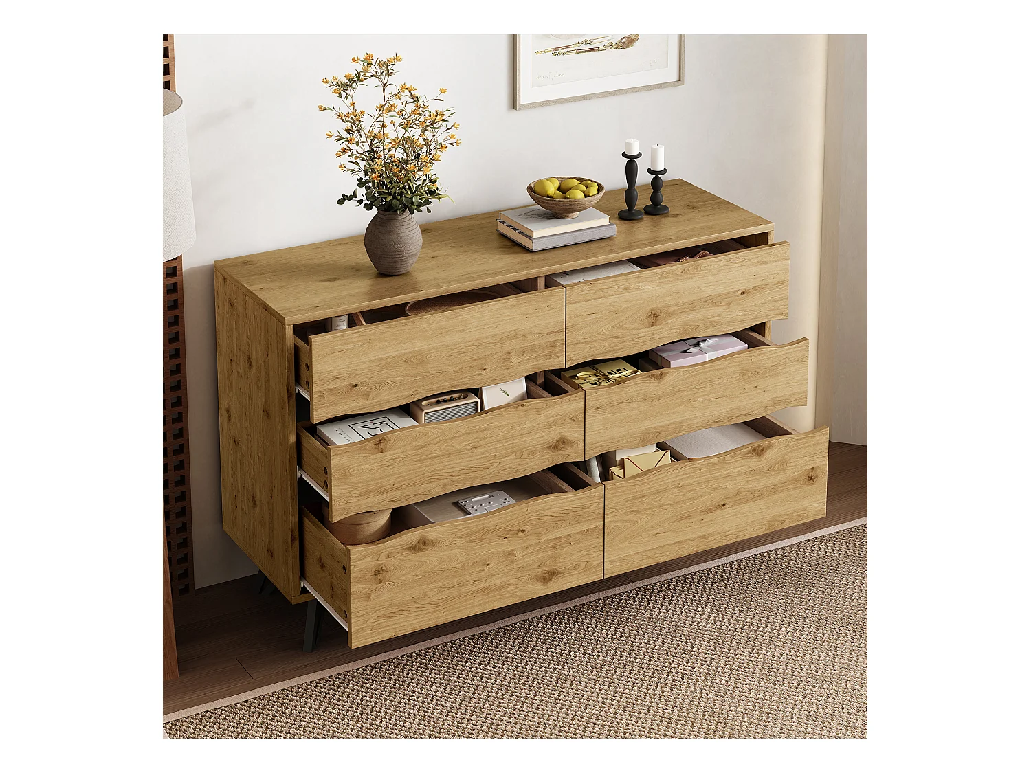 Buffet moderne à 6 tiroirs - 120 x 40 x 75.5 cm - pour salon et salle à manger - aggloméré - naturel