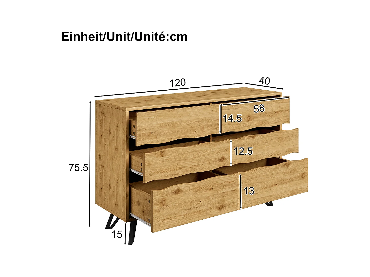 Buffet moderne à 6 tiroirs - 120 x 40 x 75.5 cm - pour salon et salle à manger - aggloméré - naturel