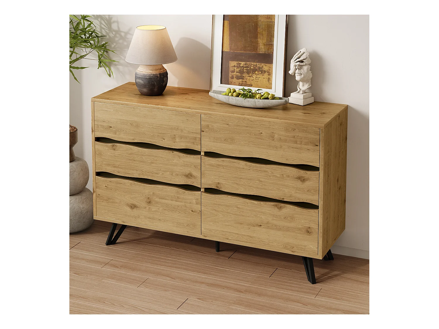 Buffet moderne à 6 tiroirs - 120 x 40 x 75.5 cm - pour salon et salle à manger - aggloméré - naturel