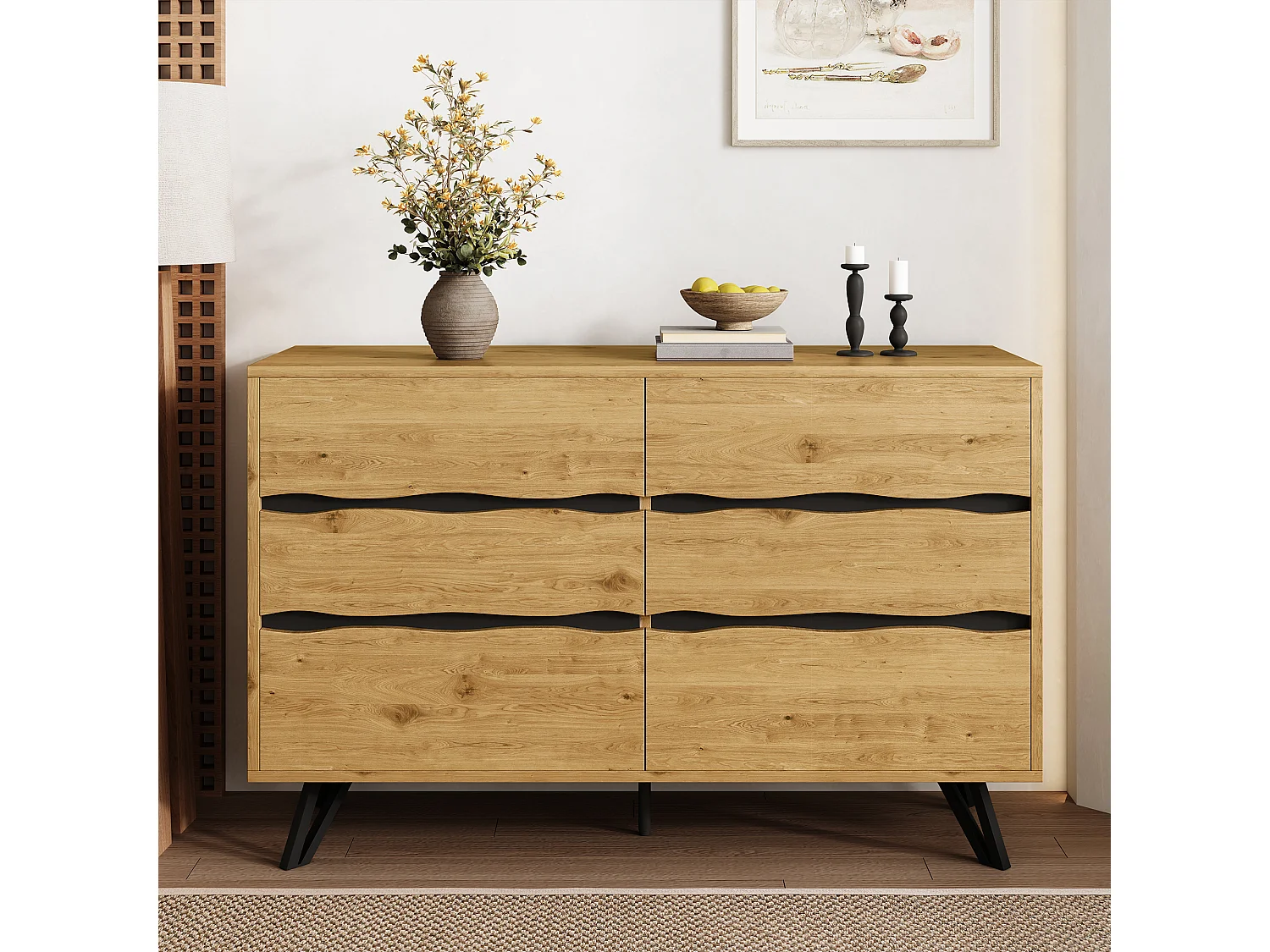 Buffet moderne à 6 tiroirs - 120 x 40 x 75.5 cm - pour salon et salle à manger - aggloméré - naturel