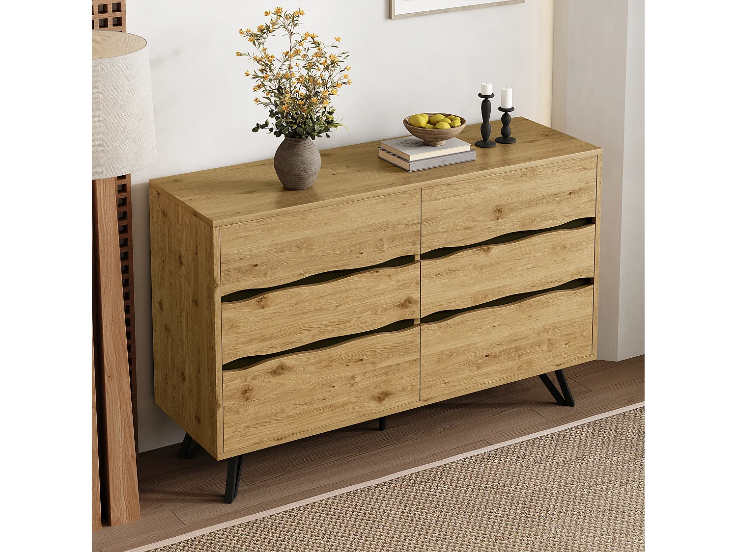 Buffet moderne à 6 tiroirs - 120 x 40 x 75.5 cm - pour salon et salle à manger - aggloméré - naturel