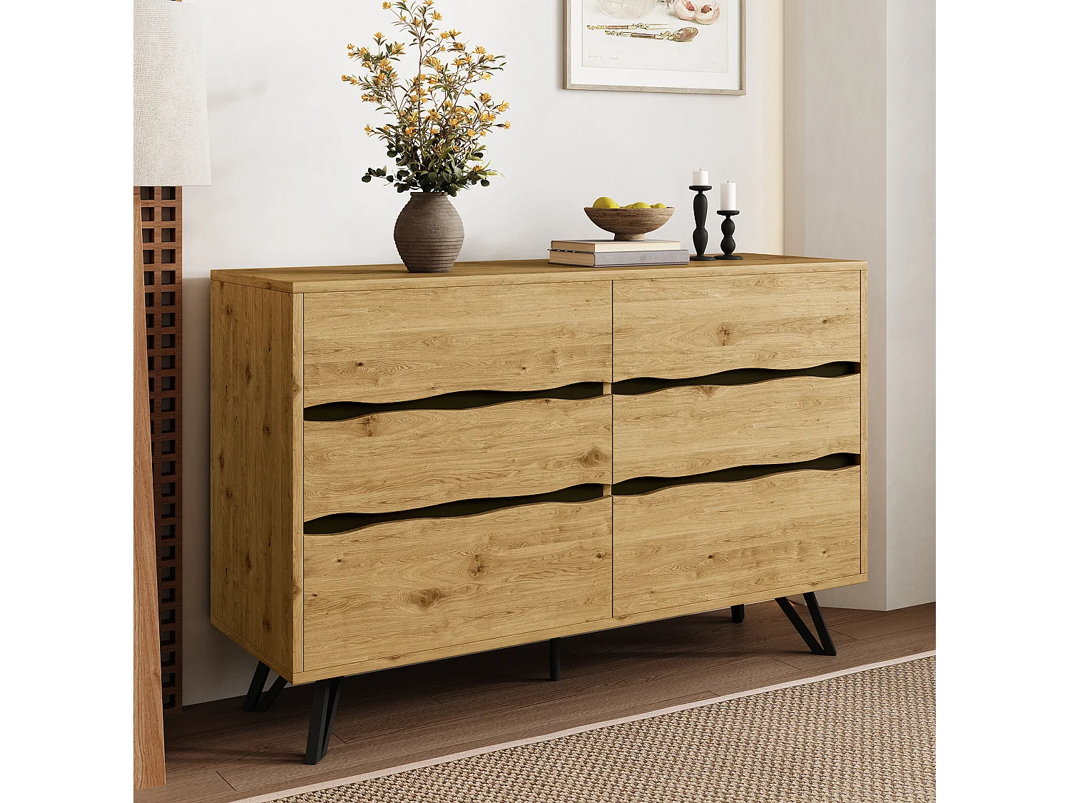 Buffet moderne à 6 tiroirs - 120 x 40 x 75.5 cm - pour salon et salle à manger - aggloméré - naturel