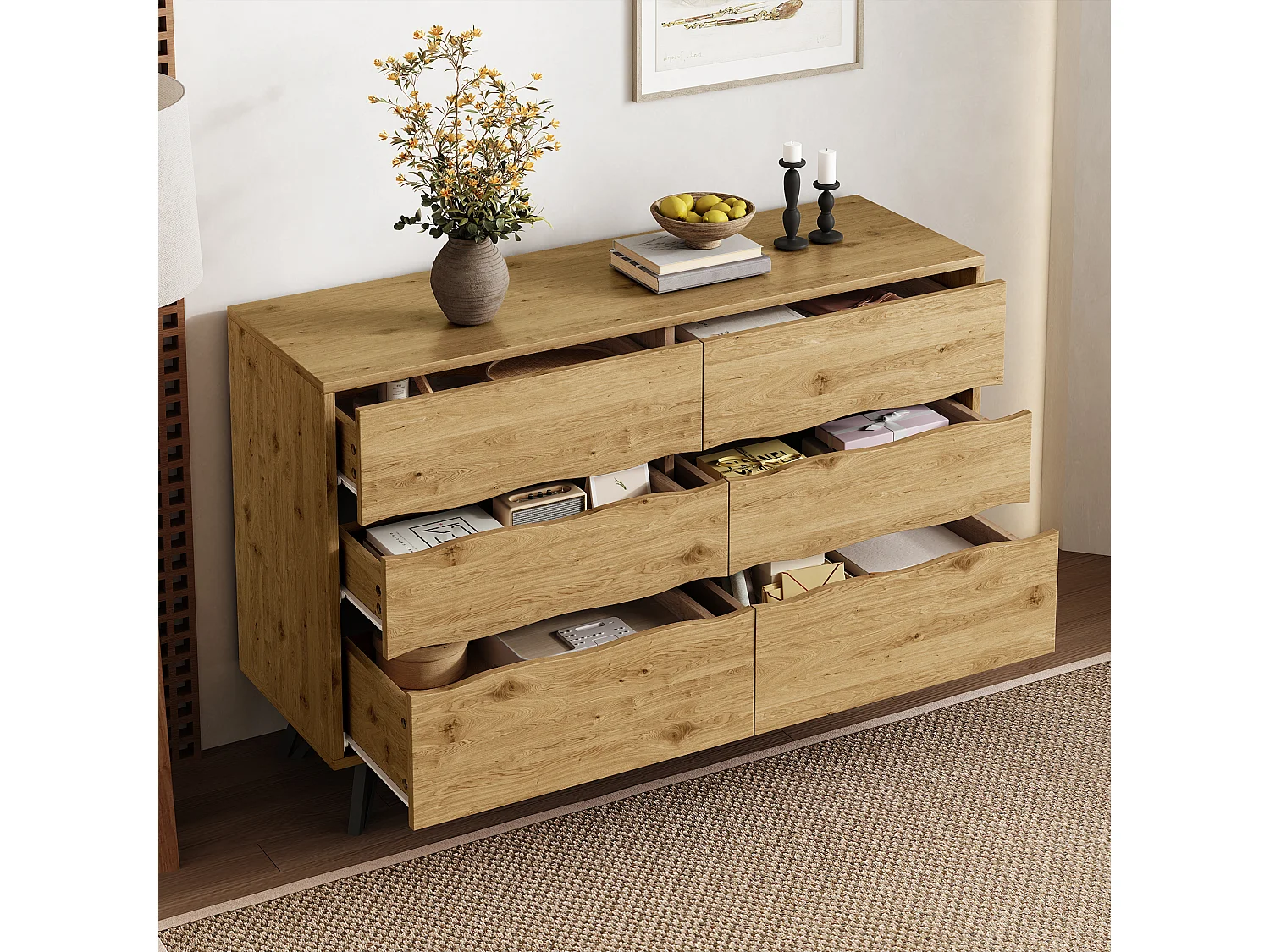 Buffet moderne à 6 tiroirs - 120 x 40 x 75.5 cm - pour salon et salle à manger - aggloméré - naturel