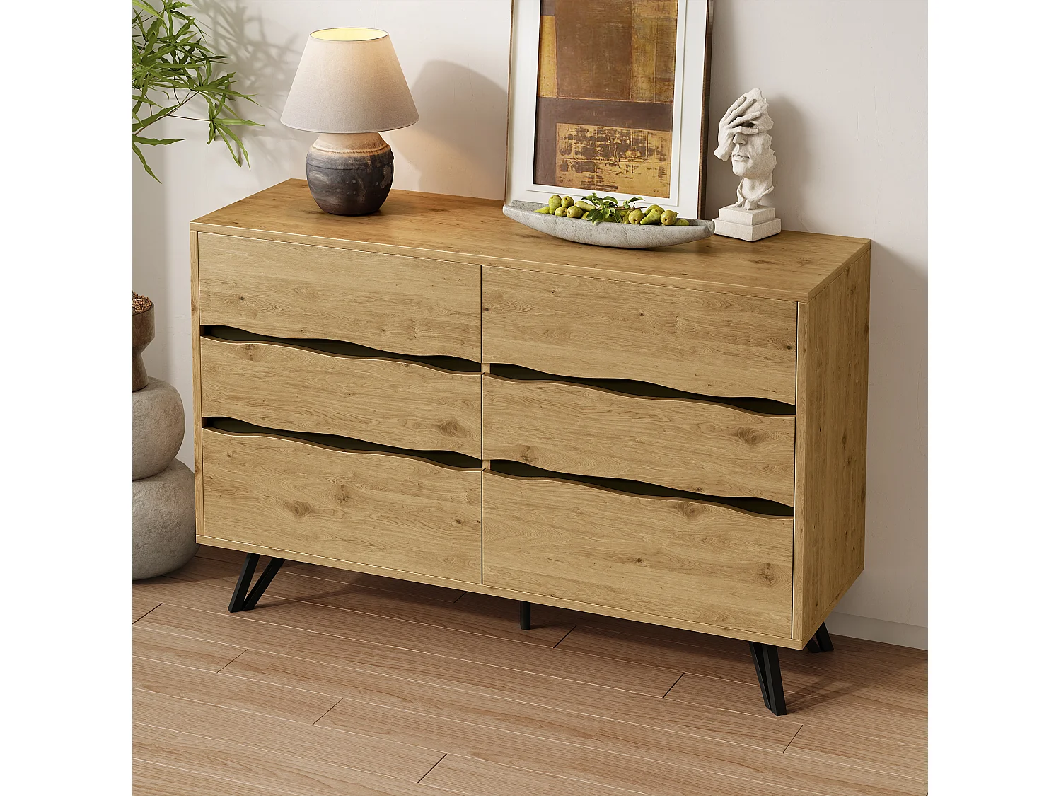 Buffet moderne à 6 tiroirs - 120 x 40 x 75.5 cm - pour salon et salle à manger - aggloméré - naturel