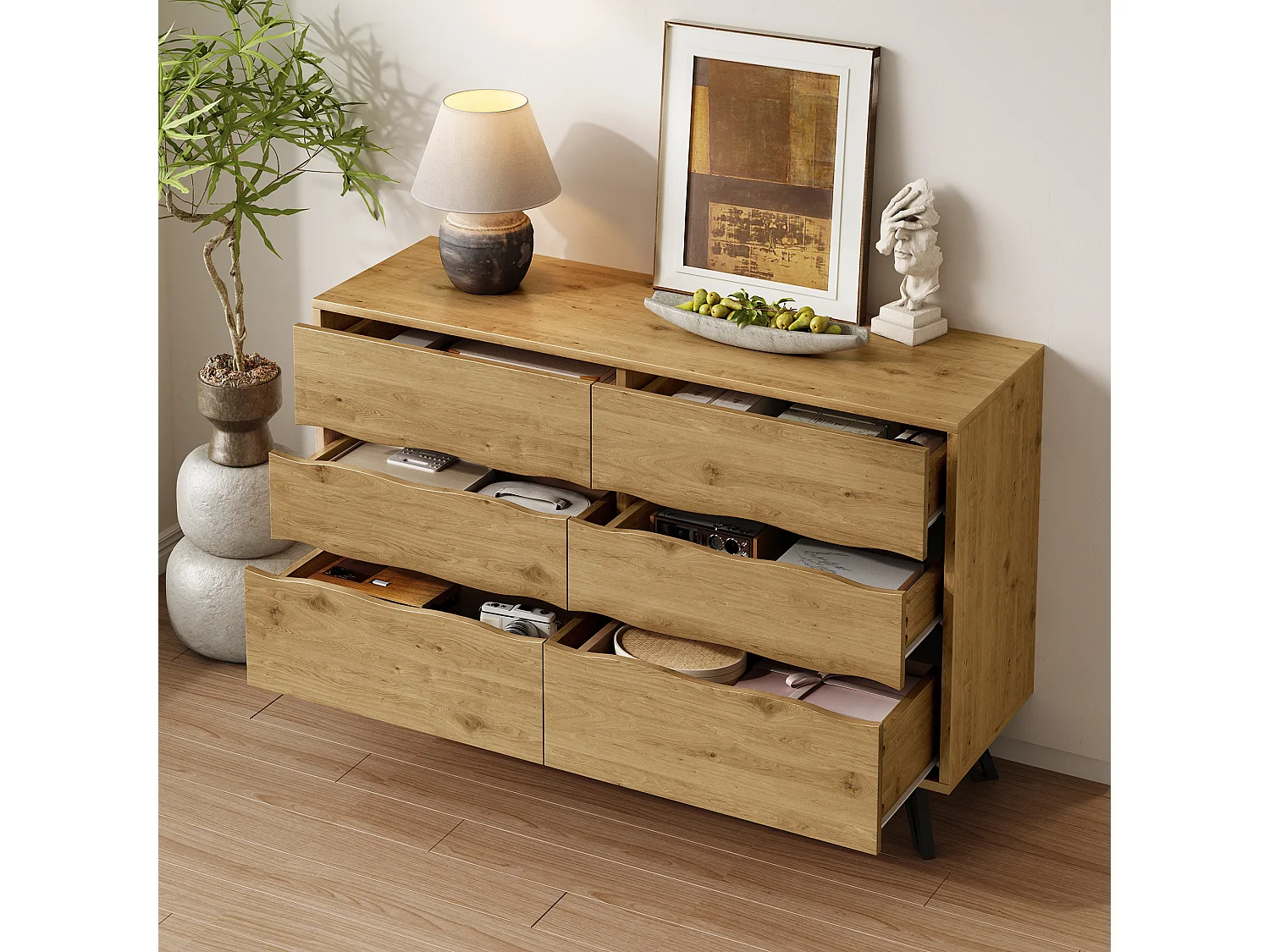 Buffet moderne à 6 tiroirs - 120 x 40 x 75.5 cm - pour salon et salle à manger - aggloméré - naturel