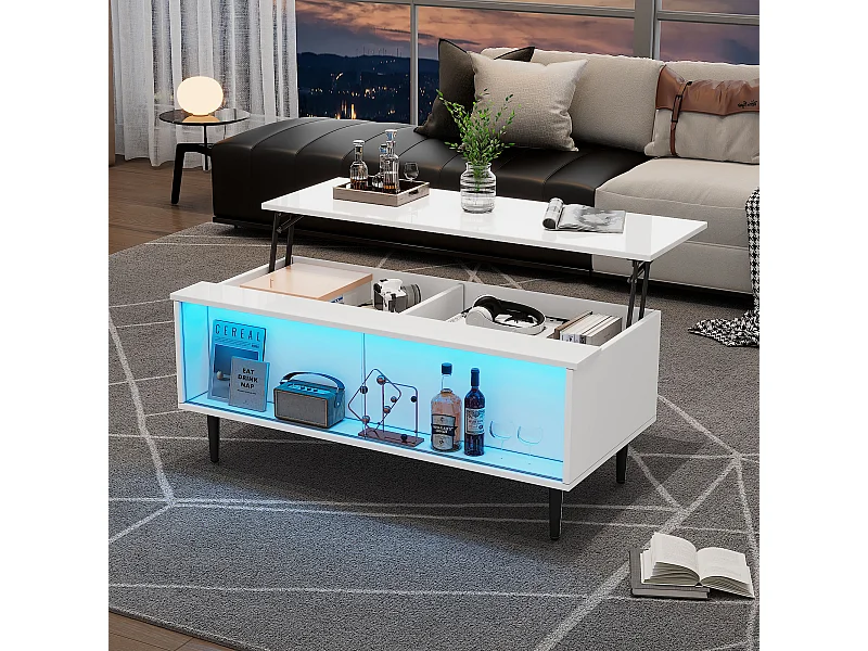 Table basse relevable - 105 x 50 x 43 cm - avec rangement caché + Leds - Aggloméré + verre trempé - blanc