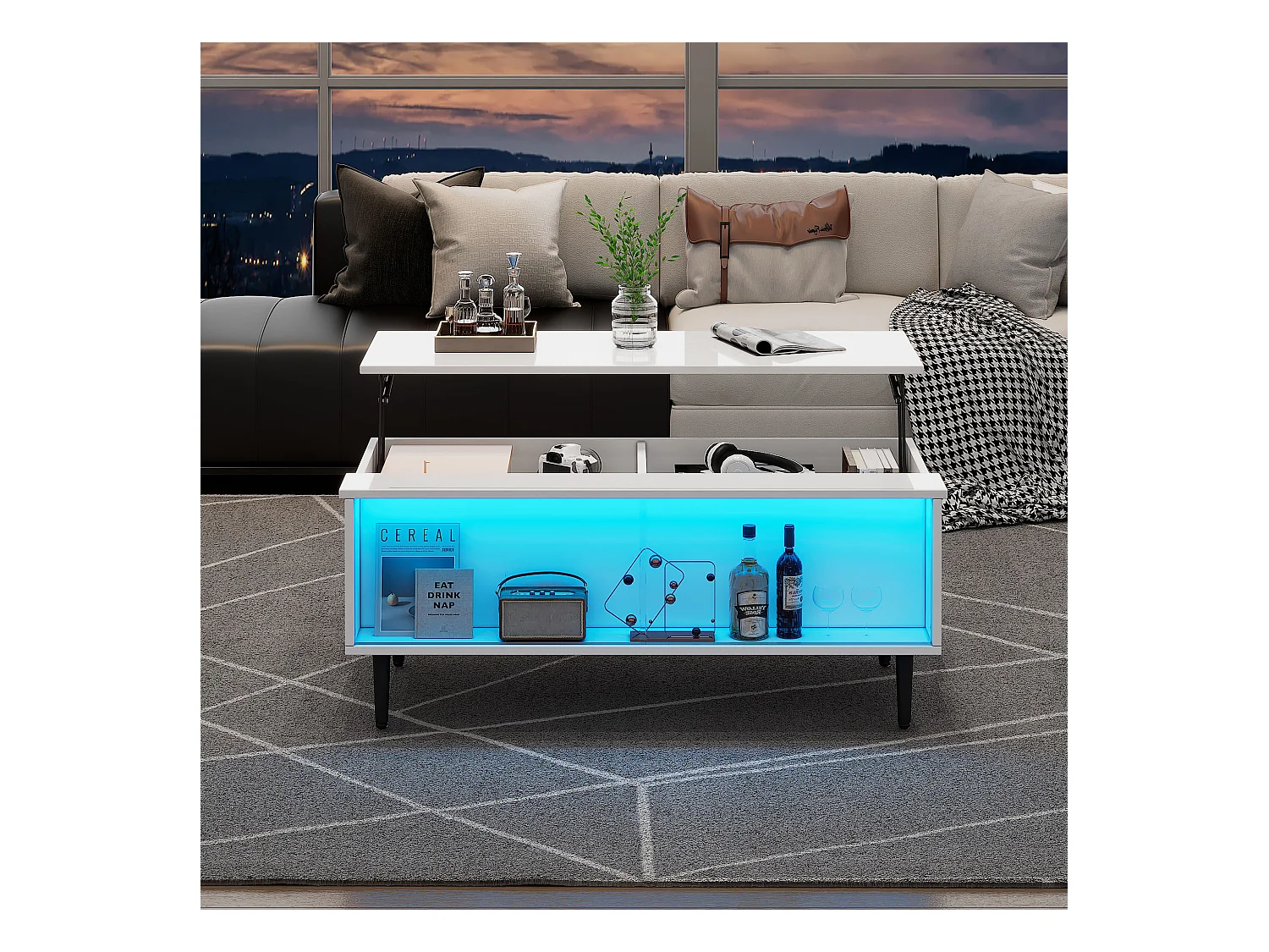 Table basse relevable - 105 x 50 x 43 cm - avec rangement caché + Leds - Aggloméré + verre trempé - blanc