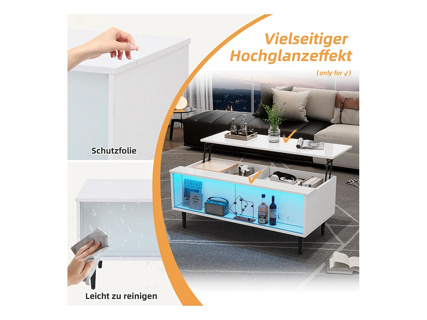 Table basse relevable - 105 x 50 x 43 cm - avec rangement caché + Leds - Aggloméré + verre trempé - blanc