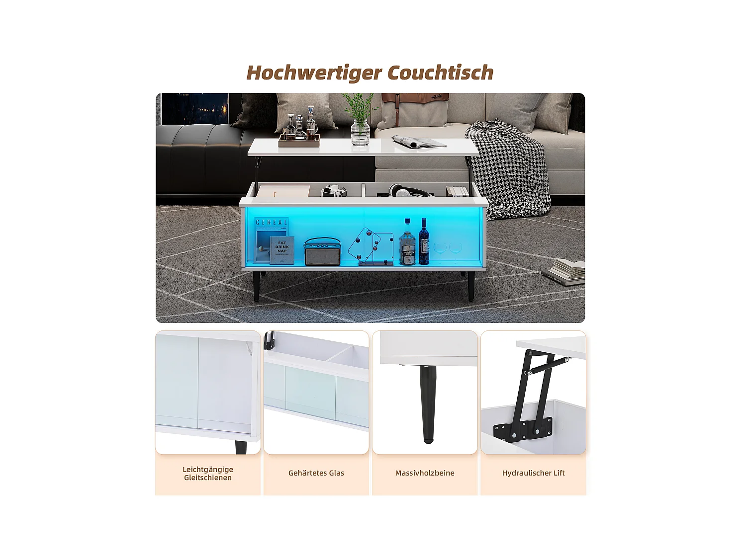 Table basse relevable - 105 x 50 x 43 cm - avec rangement caché + Leds - Aggloméré + verre trempé - blanc