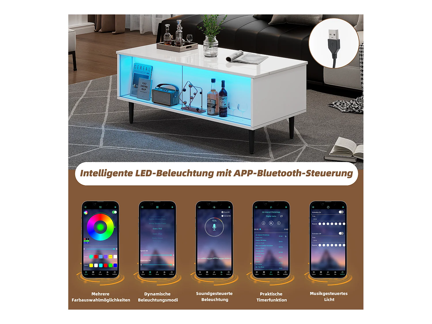 Table basse relevable - 105 x 50 x 43 cm - avec rangement caché + Leds - Aggloméré + verre trempé - blanc