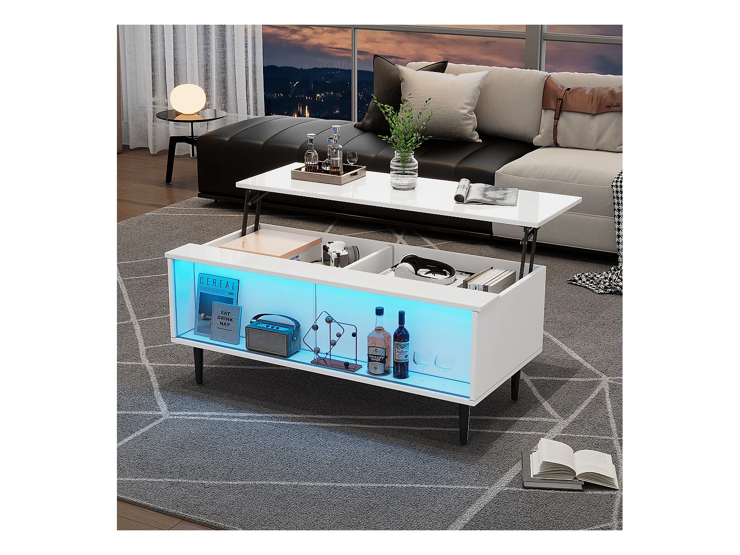 Hochklappbarer Couchtisch – 105 x 50 x 43 cm – mit verstecktem Stauraum + LEDs – Spanplatte + gehärtetes Glas – weiß
