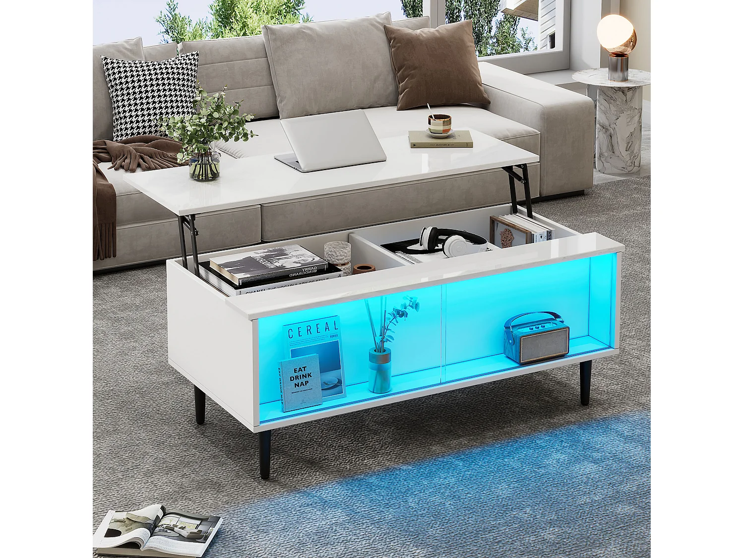 Opklapbare salontafel - 105 x 50 x 43 cm - met verborgen opbergruimte + LED's - Spaanplaat + gehard glas - wit