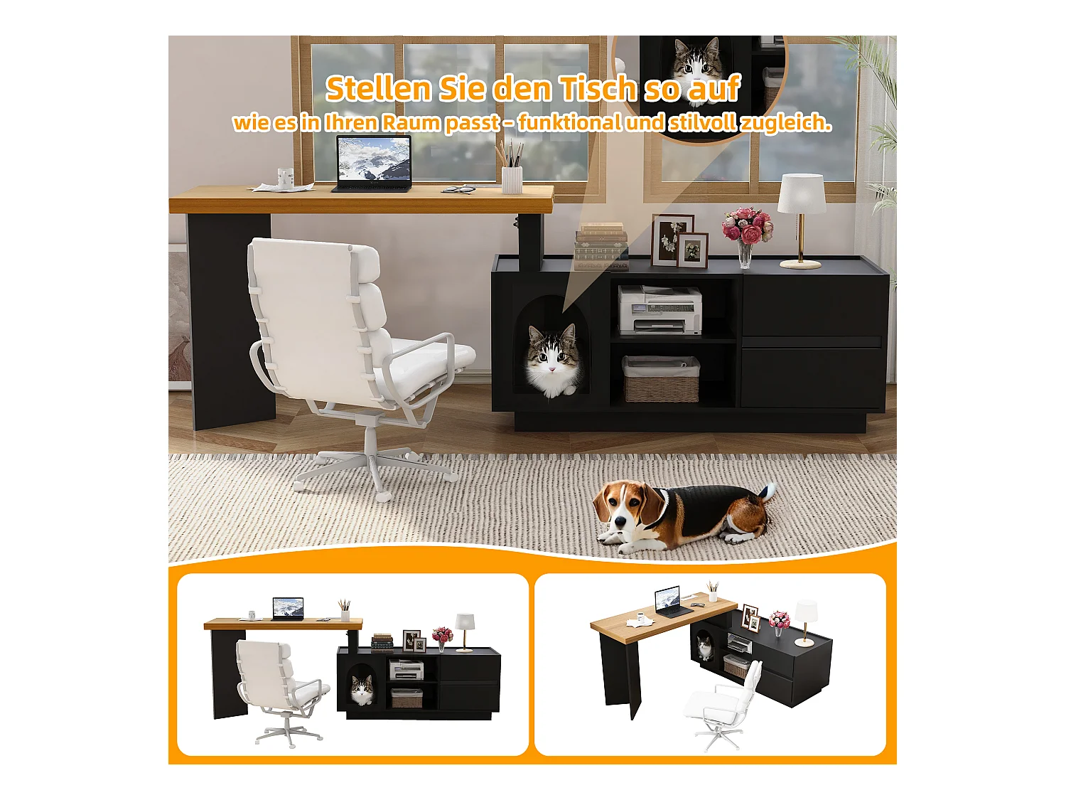 Bureau avec niche intégrée - 120 x 50 x 75 cm - en L ou droite - avec 2 tiroirs - MDF - noir