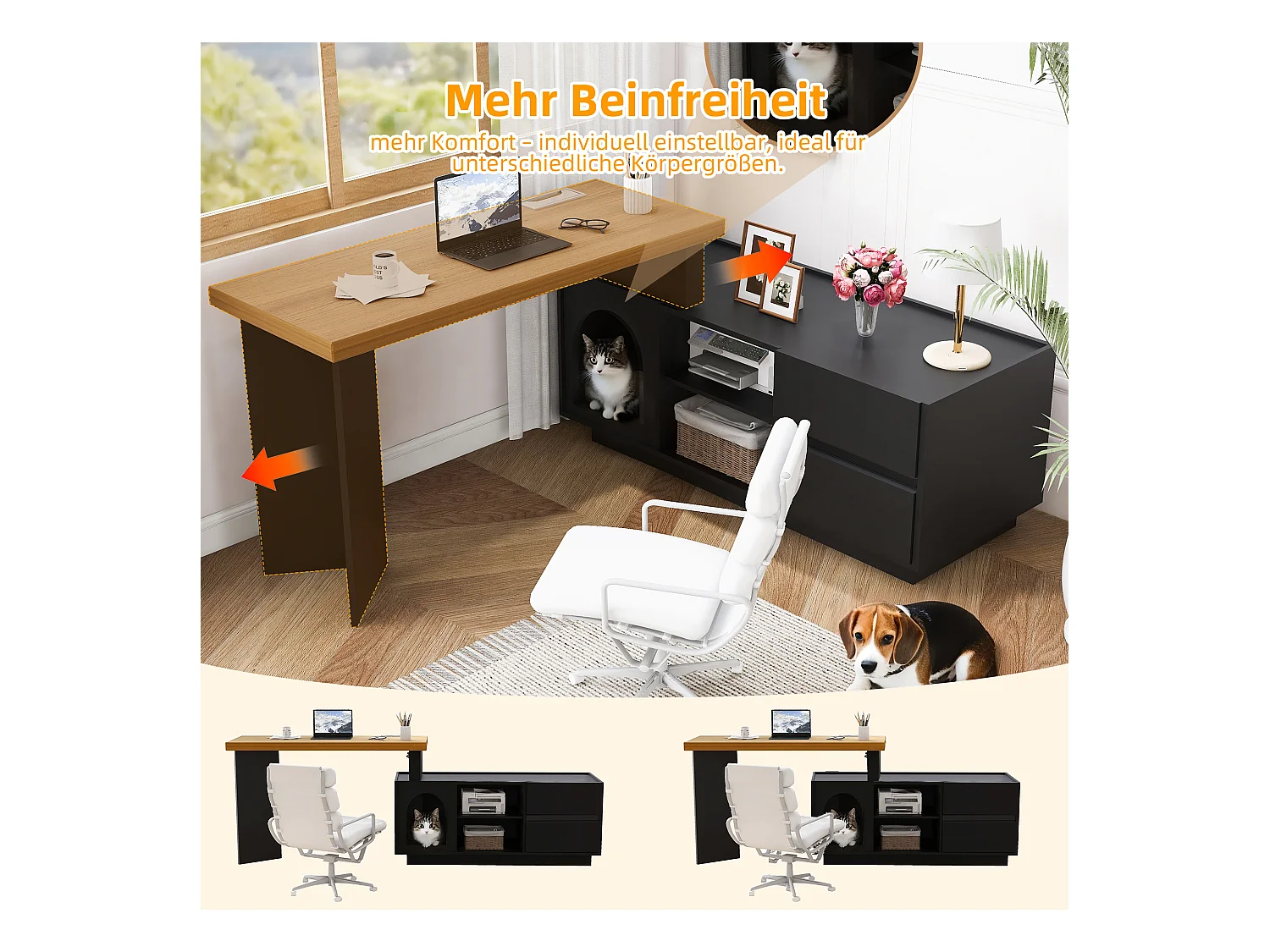 Bureau avec niche intégrée - 120 x 50 x 75 cm - en L ou droite - avec 2 tiroirs - MDF - noir