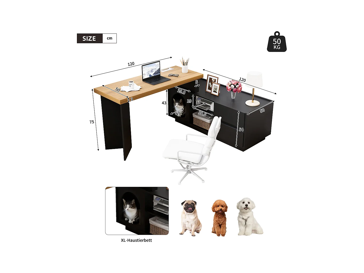 Bureau avec niche intégrée - 120 x 50 x 75 cm - en L ou droite - avec 2 tiroirs - MDF - noir