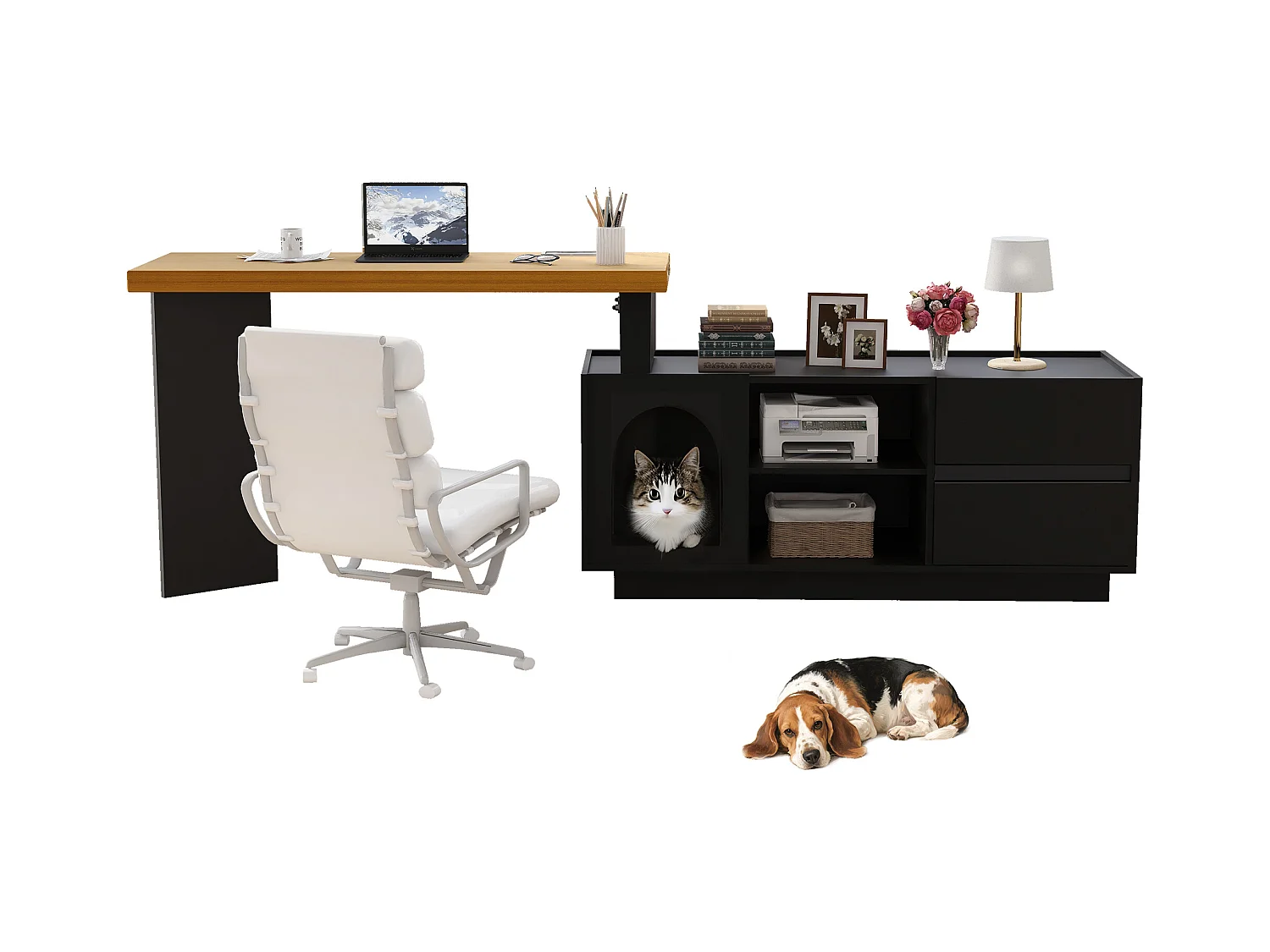 Bureau avec niche intégrée - 120 x 50 x 75 cm - en L ou droite - avec 2 tiroirs - MDF - noir