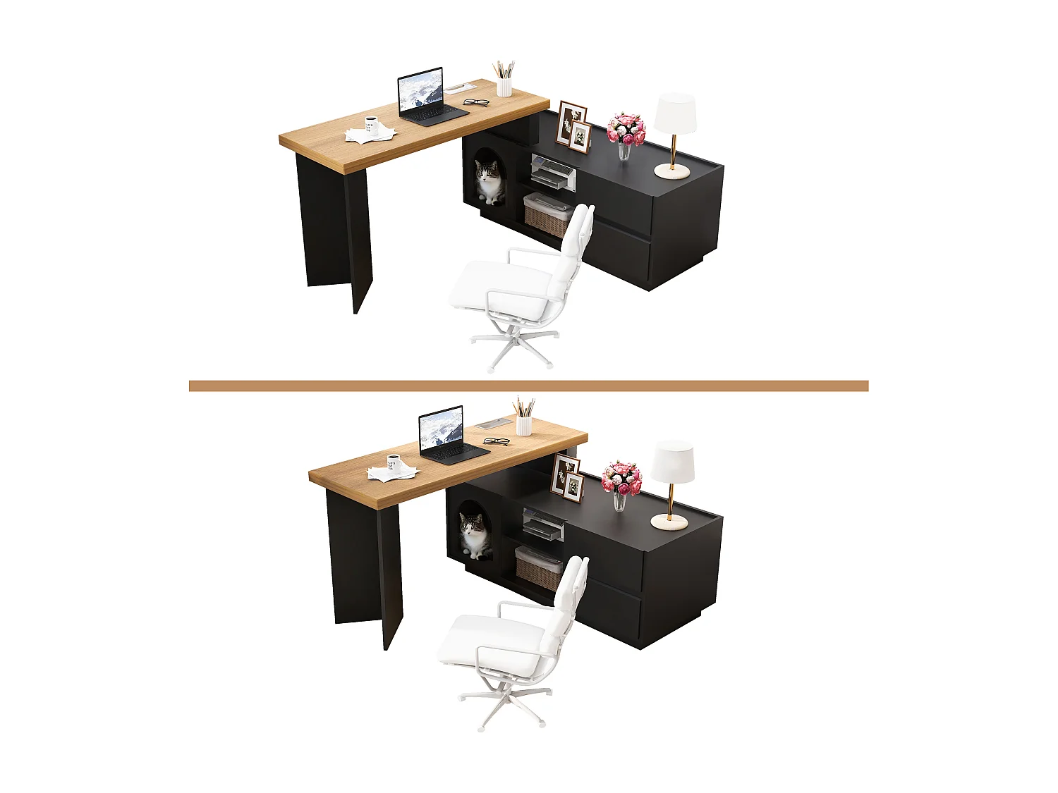 Bureau avec niche intégrée - 120 x 50 x 75 cm - en L ou droite - avec 2 tiroirs - MDF - noir