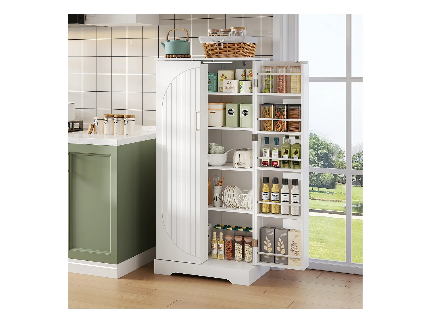 Küchen-Sideboard – 60 x 35 x 128 cm – mit LEDs + verstellbaren Regalen + 2 Türen mit Stauraum – MDF – weiß