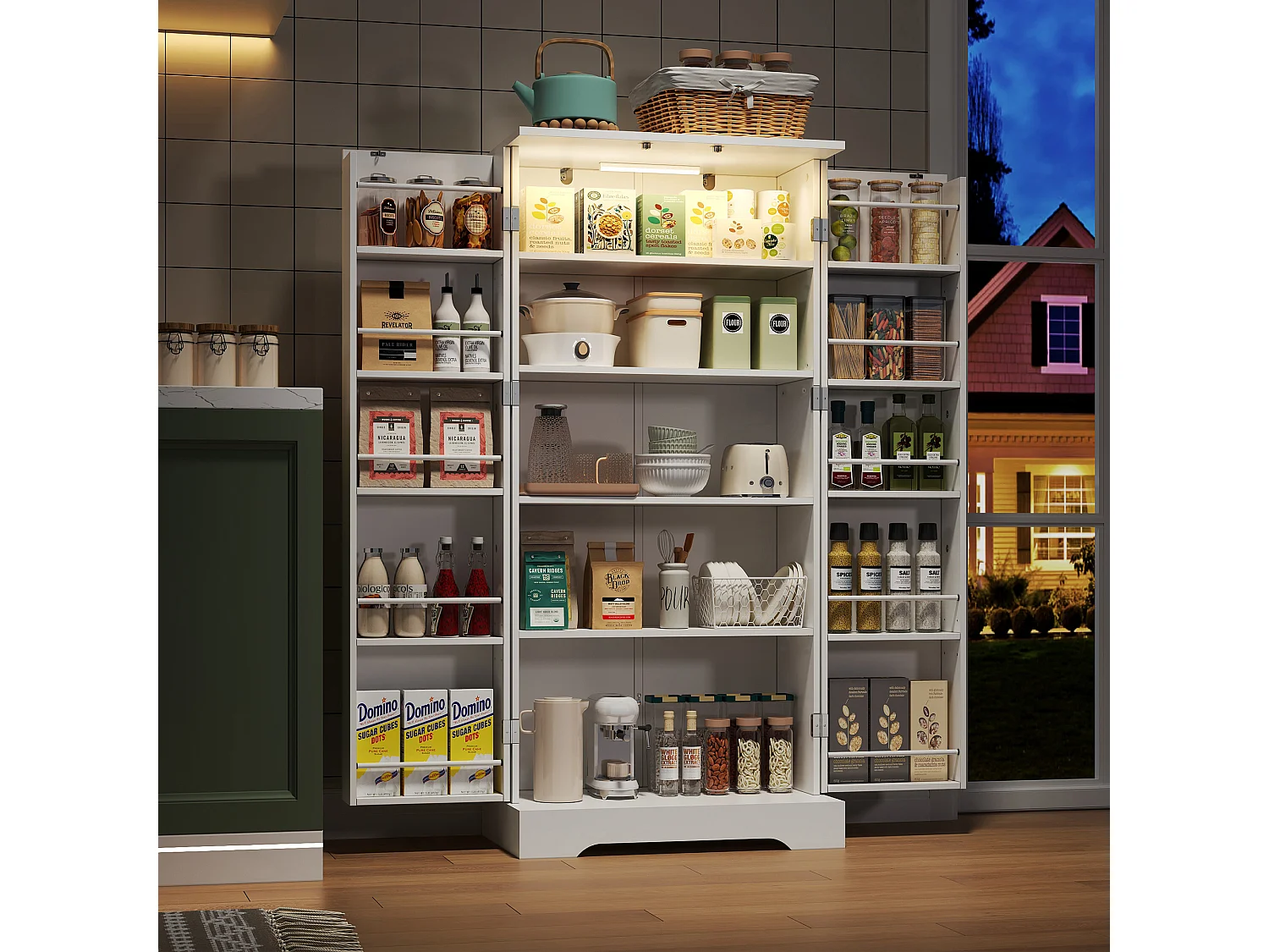 Aparador de cozinha - 60 x 35 x 128 cm - com LEDs + prateleiras reguláveis + 2 portas com arrumação - MDF - branco